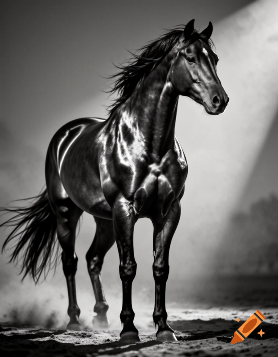 A muscular black and white horse stands dramatically in a dusty arena, illuminated by spotlights.