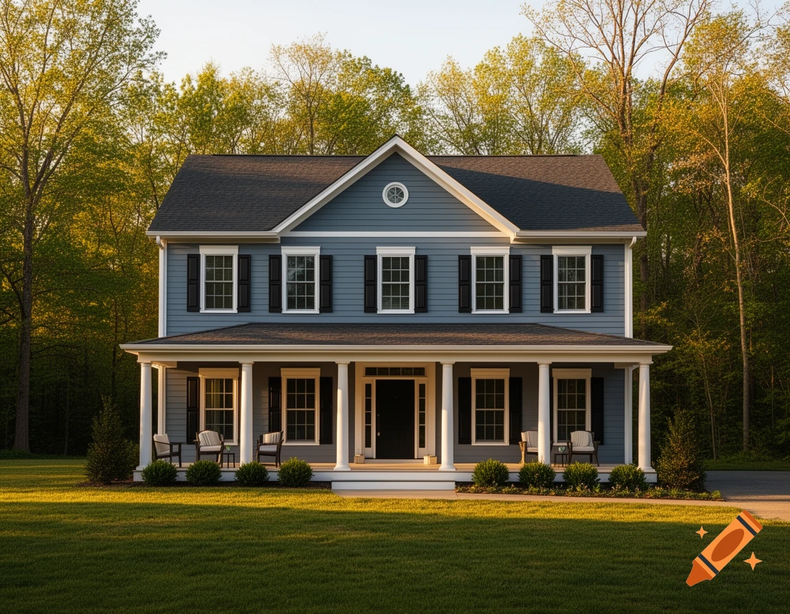 Photorealistic image of a two-story slate-blue colonial house with white trim, black shutters, and a porch, set in a green lawn with trees at golden hour.