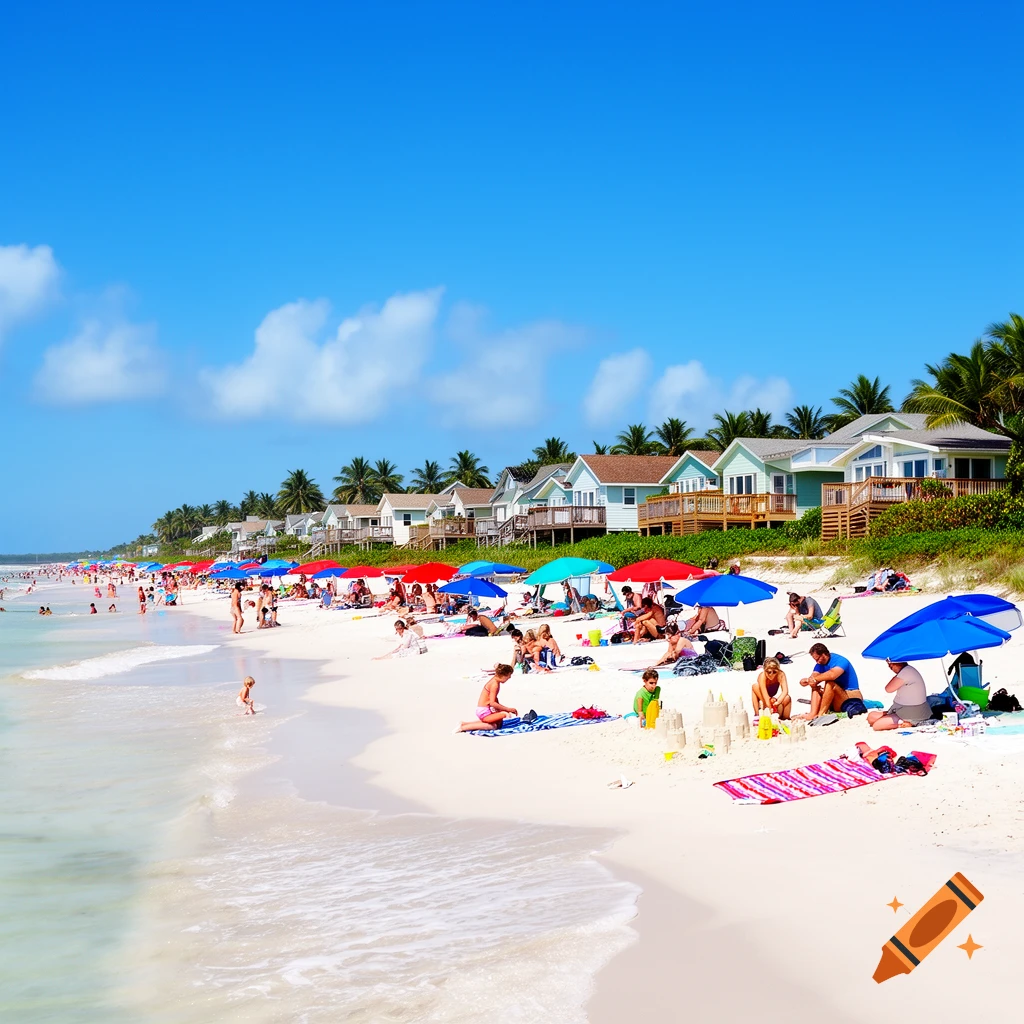 A sunny, crowded tropical beach with people relaxing under colorful umbrellas on white sand by clear blue water, houses, and palm trees.