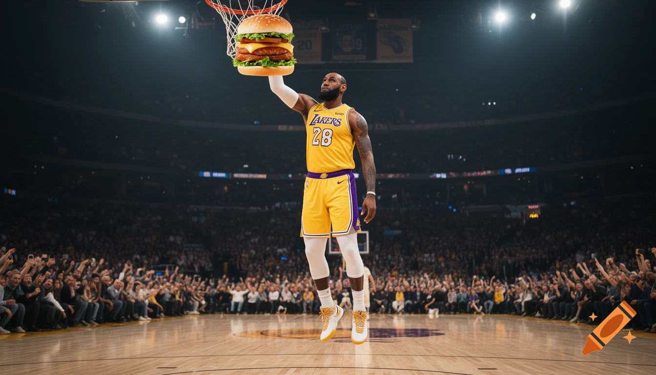 LeBron James in a yellow Lakers jersey dunks a giant hamburger into a basketball hoop in a crowded arena.