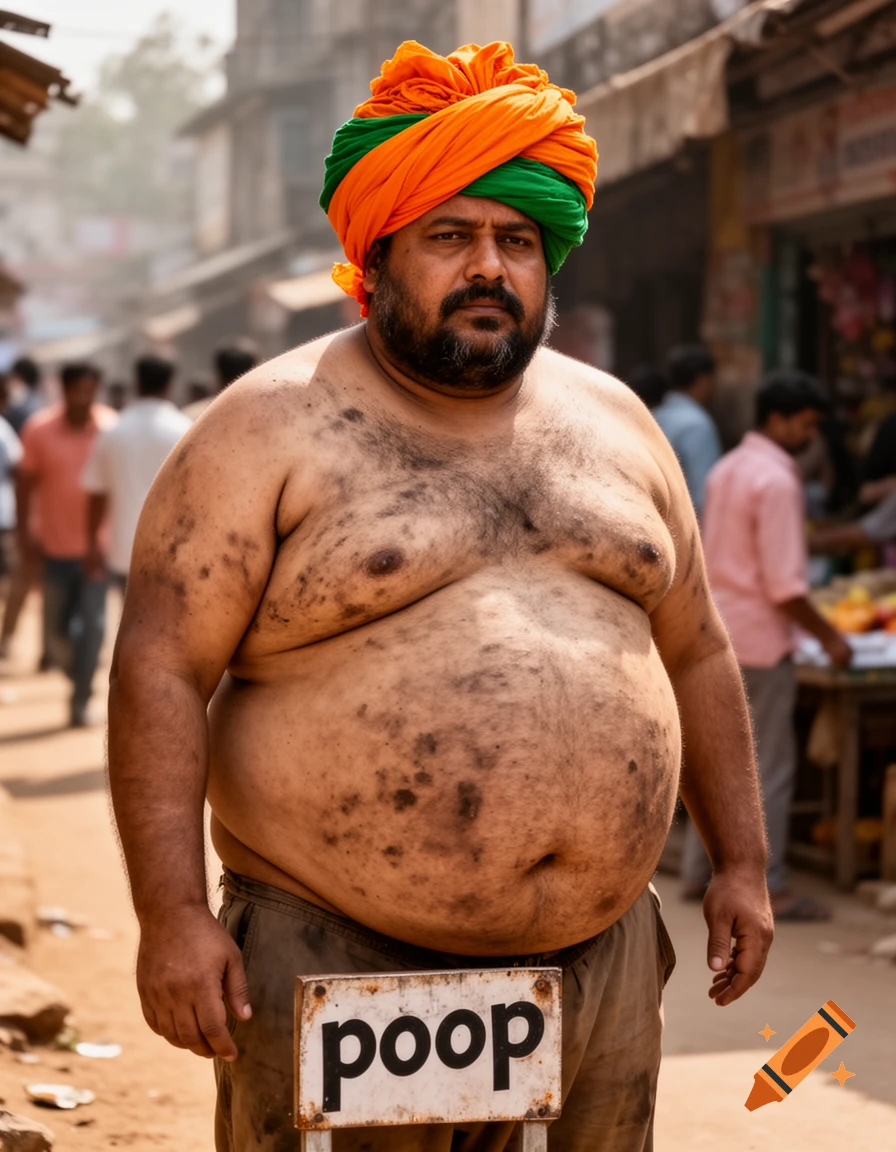 A portly, bare-chested man with an orange and green turban stands on a dirty street holding a "poop" sign.