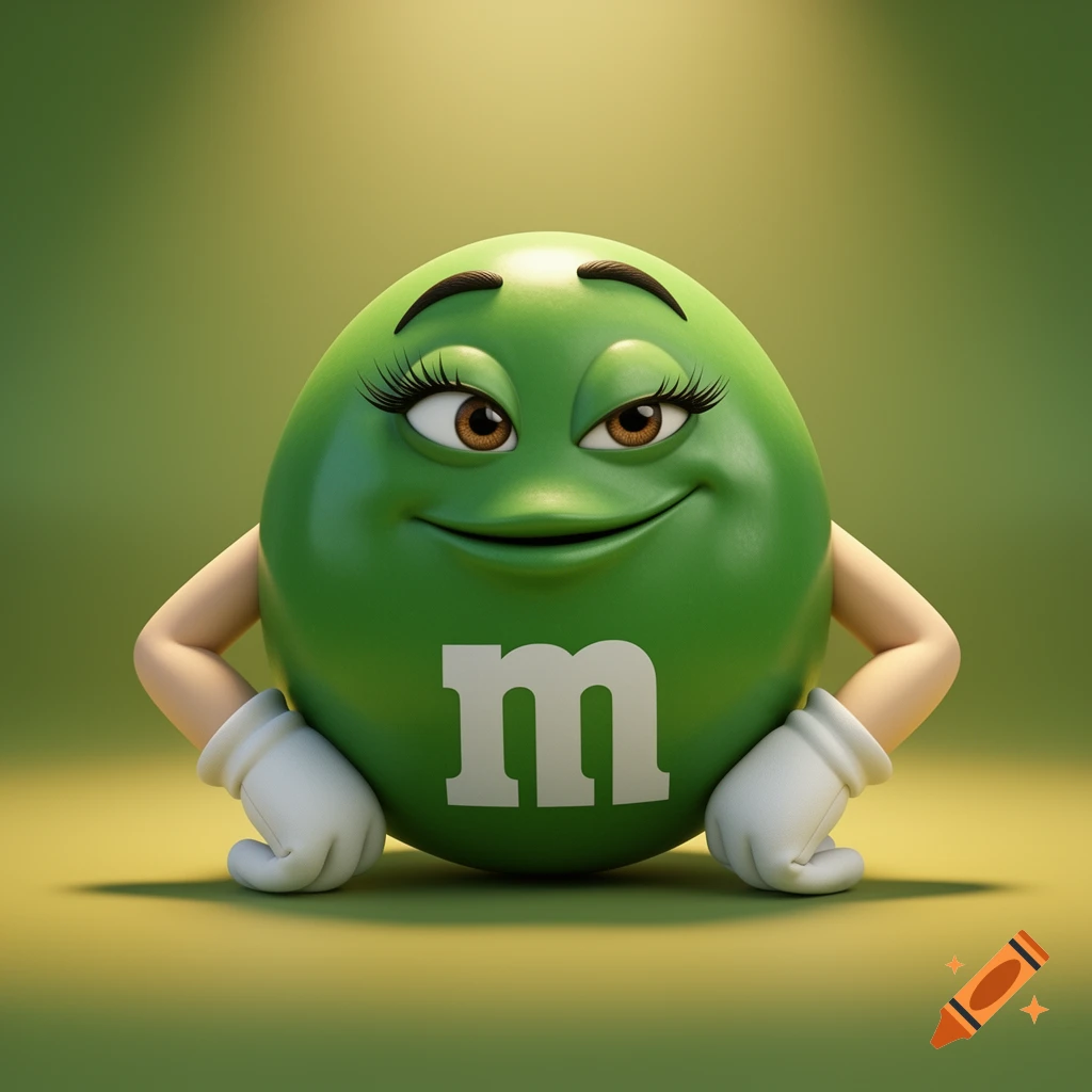 Green M&M character with long eyelashes and a confident smirk, hands on hips, photorealistic 3D rendering.
