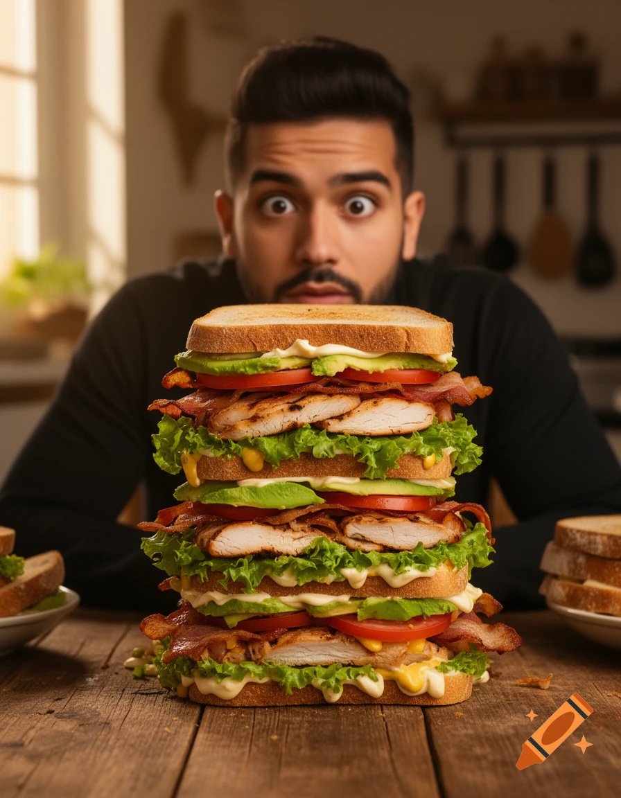 A man with wide eyes stares intently at an extremely tall, stacked sandwich filled with chicken, bacon, lettuce, tomato, avocado, and sauce on a wooden table.