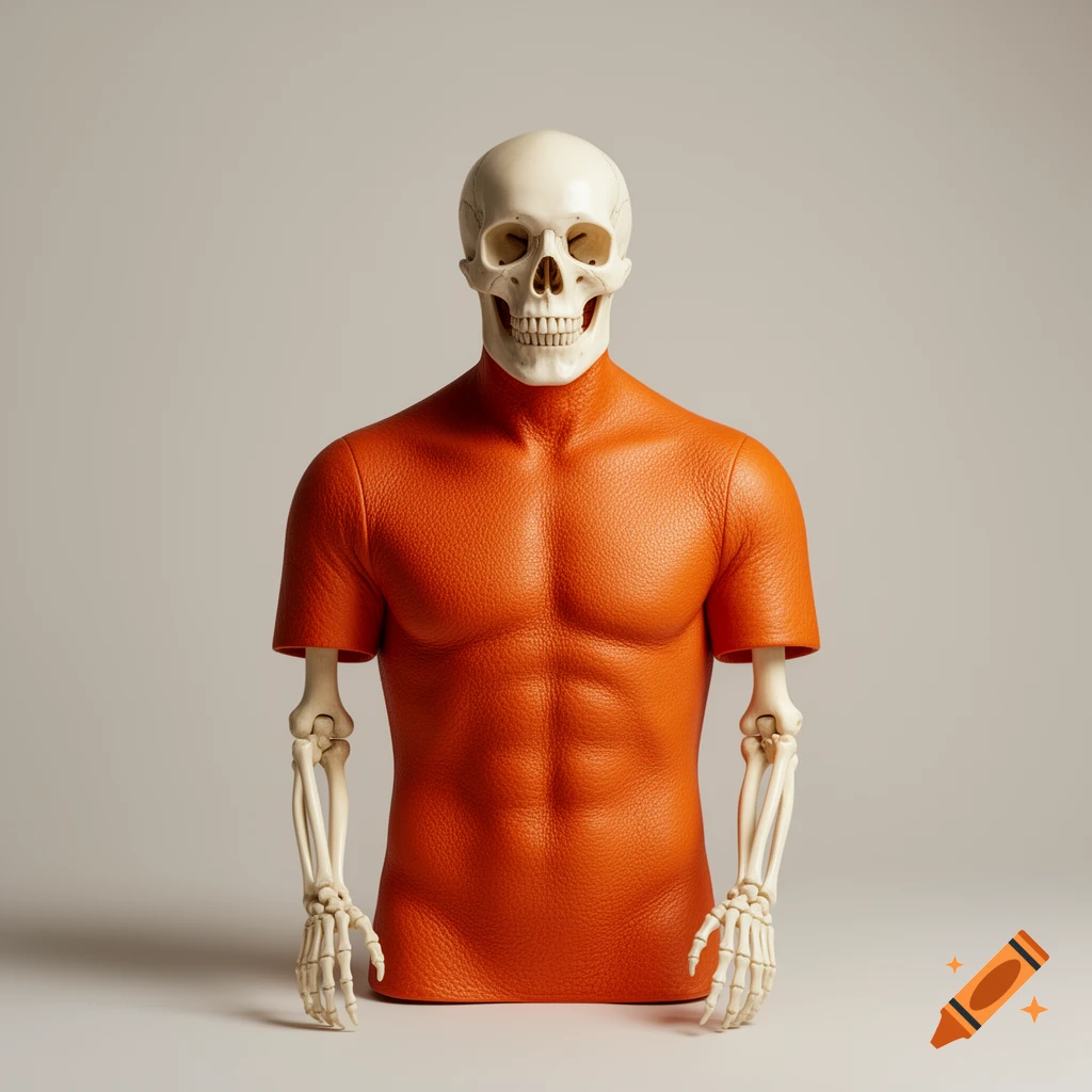 An anatomical model featuring a white skeletal head and forearms, with an orange textured leather torso, against a light gray background.