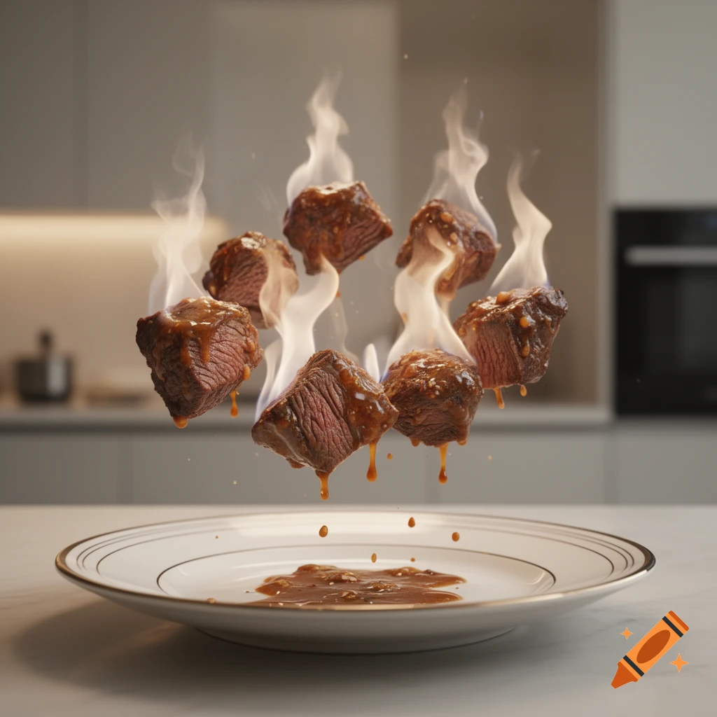 Several sauce-covered beef cubes float mid-air, surrounded by white flames or steam, above a white plate with sauce in a modern kitchen.