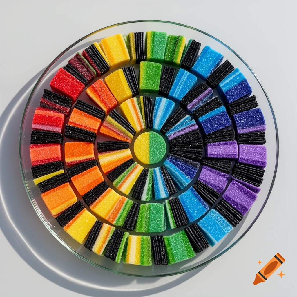 A vibrant color wheel meticulously arranged from red, orange, yellow, green, blue, and purple licorice allsorts on a clear plate.