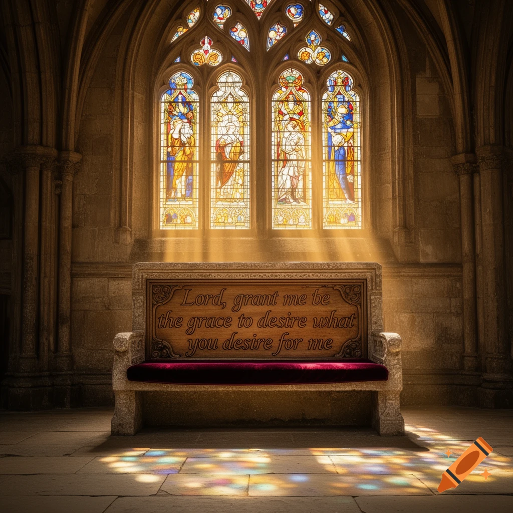 A stone bench with a carved inscription, a red cushion, bathed in sunrays from colorful stained glass windows in a grand church.