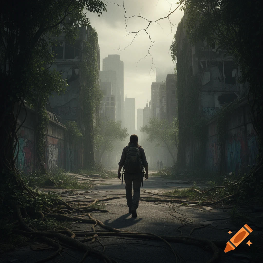 A lone figure with a backpack walks down an overgrown, ruined city street under a cloudy, cracked sky in a post-apocalyptic setting.