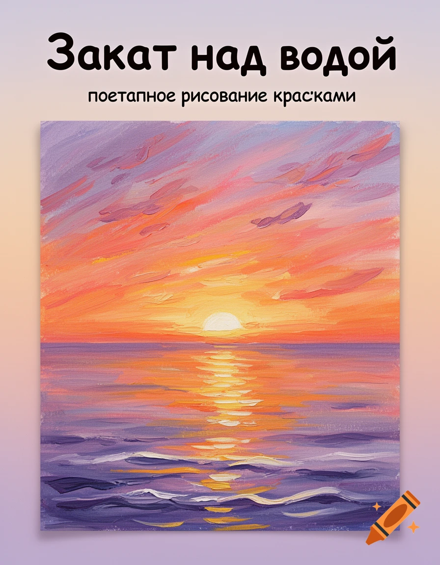 A colorful painting of a sunset over the ocean with visible brushstrokes, in a childlike art style. Russian text title and subtitle.
