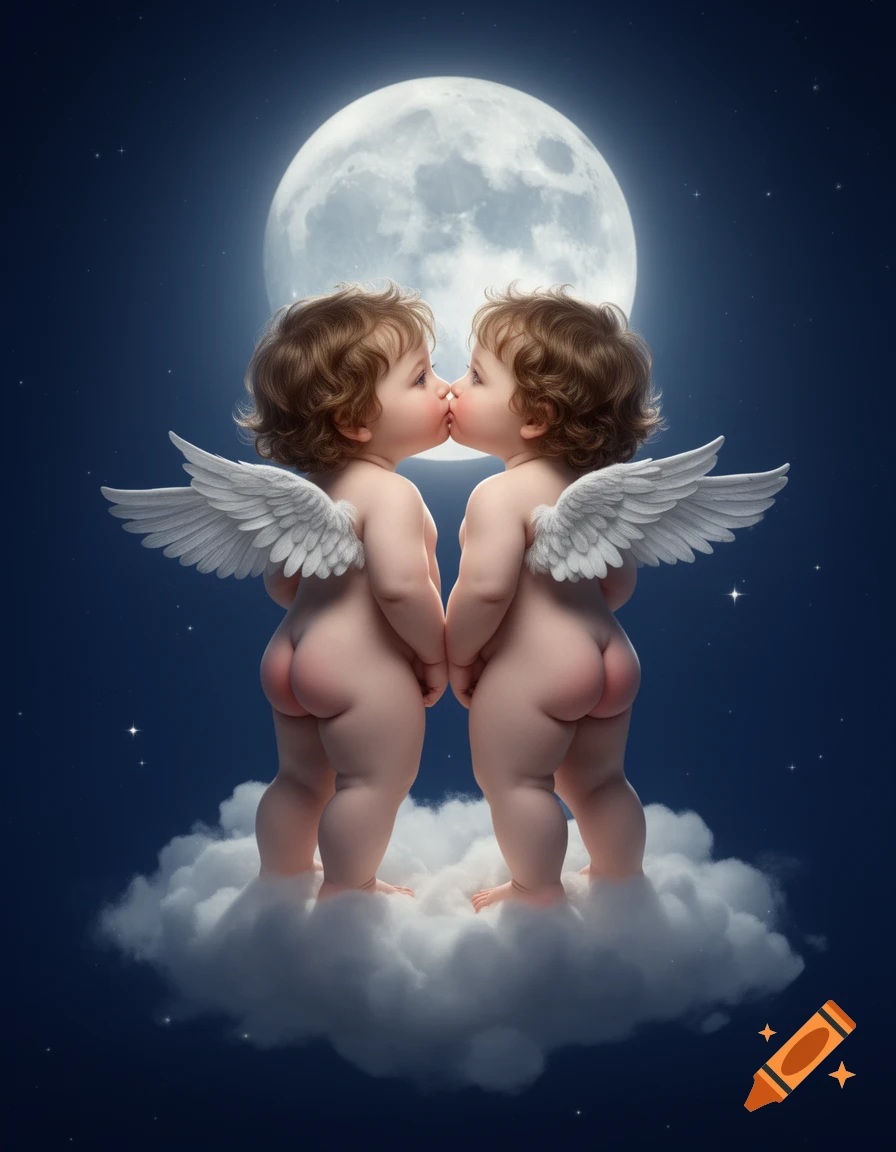 Two cute cherubs with wings kiss on a cloud under a full moon, backs turned to the viewer showing their bare bottoms.