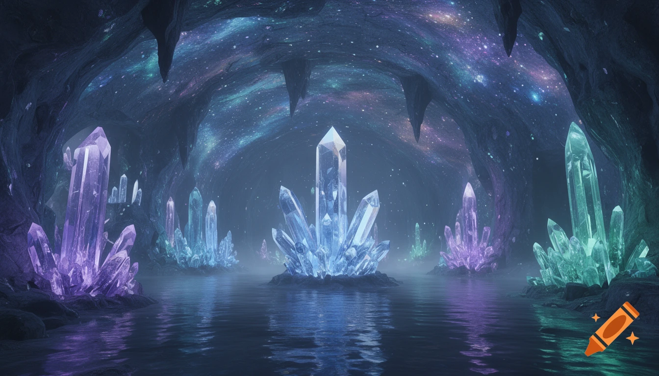 A fantastical cave filled with luminous purple, blue, and green crystals growing from rocky islands in still water under a starry, galaxy-like ceiling.
