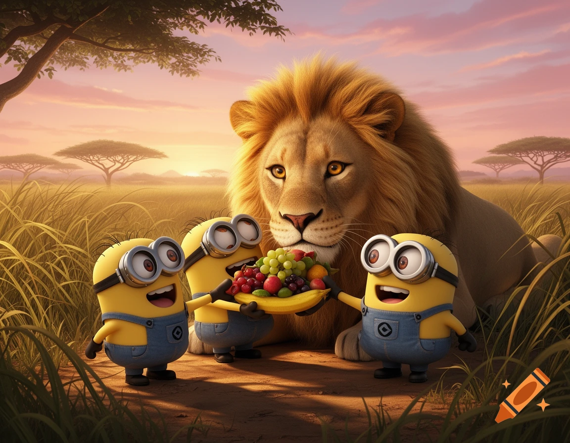 Three cheerful Minions offer a platter of fruit to a majestic lion in a sunlit savanna.