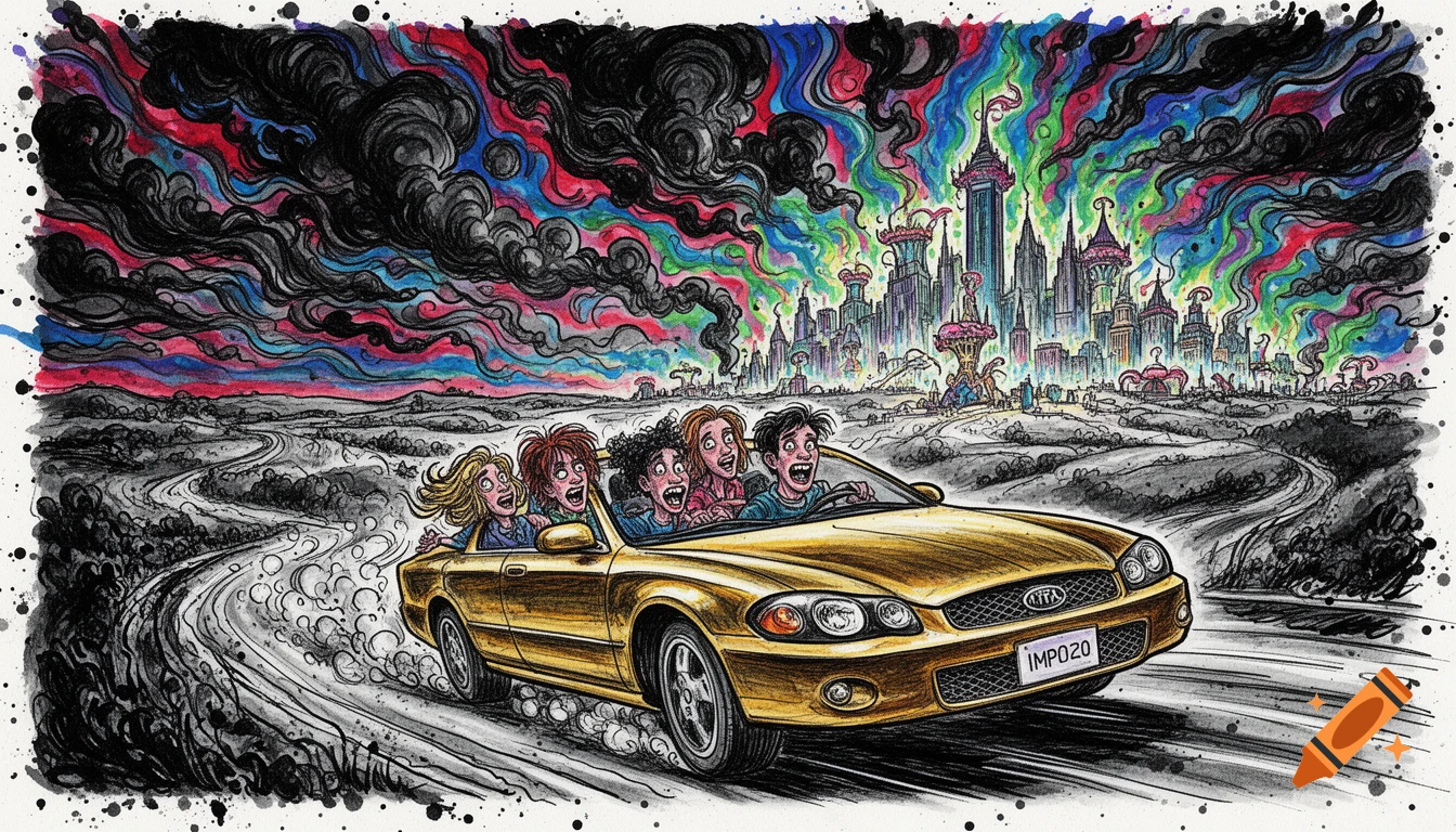 Five excited people in a gold convertible drive towards a vibrant, fantastical city under a swirling, psychedelic sky, in a stylized sketch art.