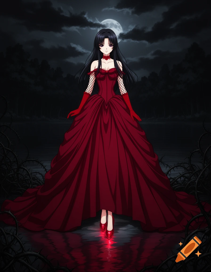 Anime girl in a dark red ball gown, red gloves, and glass slippers stands by a thorny lake under a full moon.