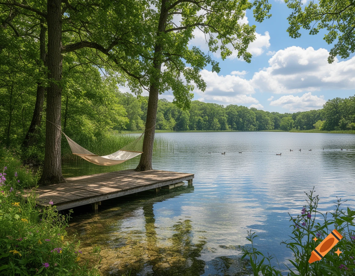 A serene lake scene with a wooden dock and a white hammock strung between two trees on a sunny day.