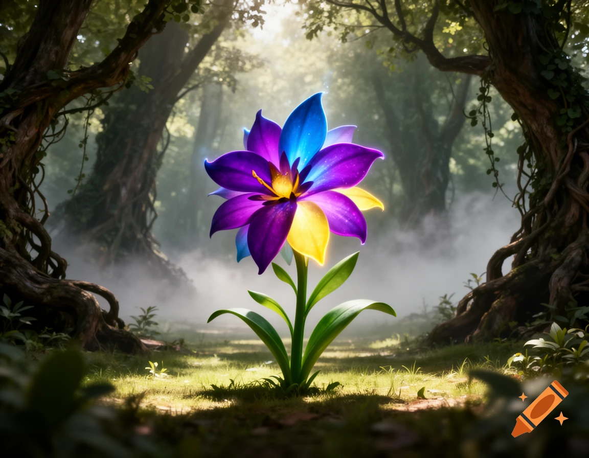 A vibrant, magical flower with blue, purple, and yellow petals glows in a misty, enchanting fantasy forest.
