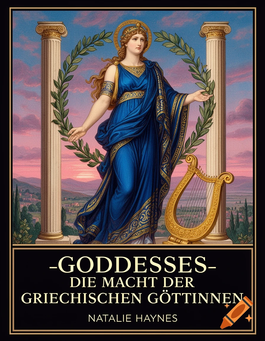 Classical painting of a goddess in blue gown, halo, standing between columns, holding wreath, with lyre and landscape background, on a book cover 'Goddesses'.