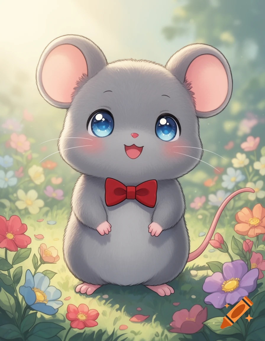 A cute anime-style grey mouse with a red bow tie, big blue eyes, and pink cheeks, standing in a field of colorful flowers.