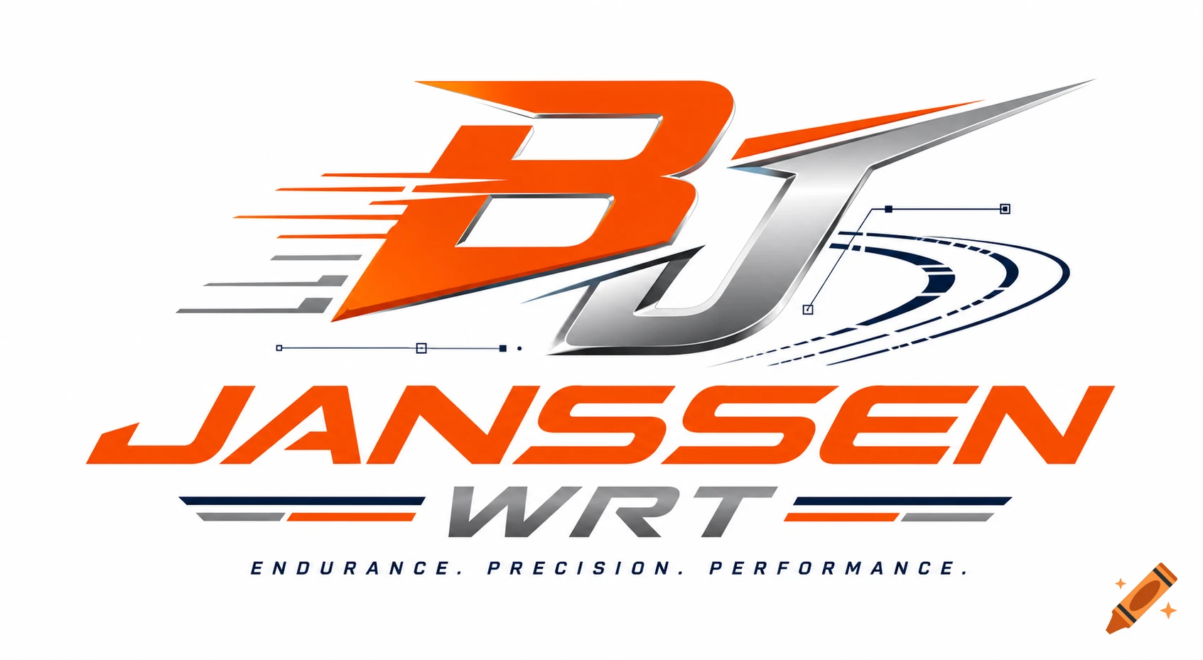 A dynamic orange and silver BJ monogram logo for JANSSEN WRT, with racing lines, and the text ENDURANCE. PRECISION. PERFORMANCE.