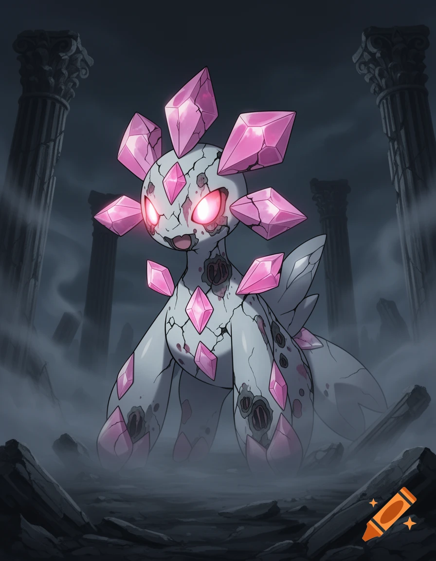 Zombie Diancie with a cracked gray body and pink crystal spikes, glowing red eyes, stands in dark, foggy ruins in horror anime style.