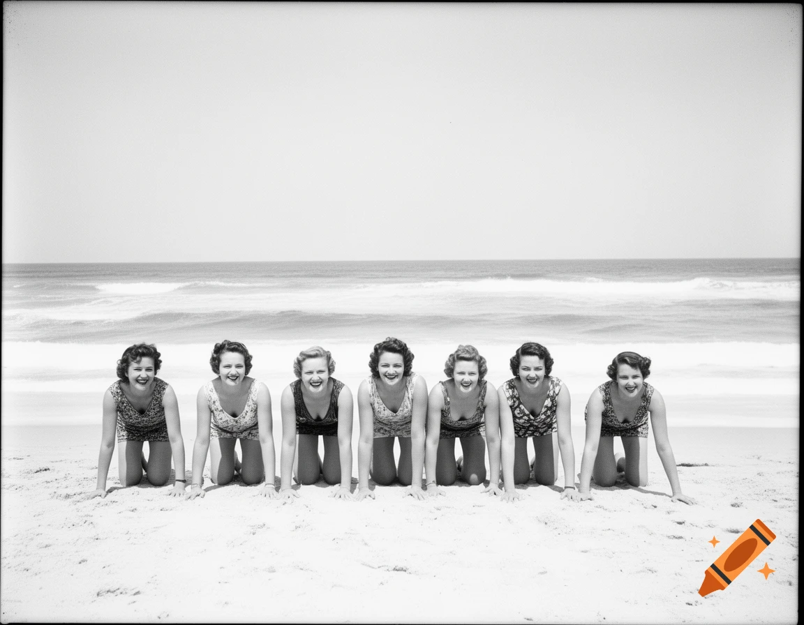 Seven women in vintage swimsuits kneel on a sandy beach, smiling at the camera, with ocean waves in the background, black and white.
