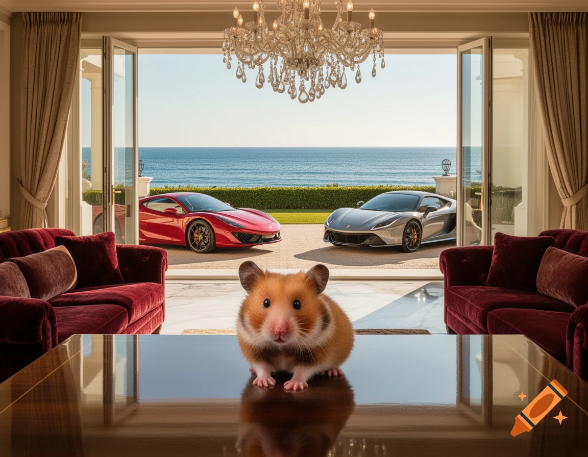 A fluffy hamster on a glossy table in a luxurious villa, with two sports cars and the ocean visible through open doors.