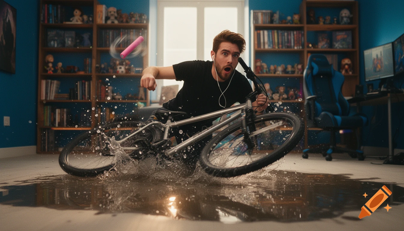 A man falls off a bike, splashing into a puddle in a cozy room with bookshelves, a pink baton flies, capturing a moment of surprise.