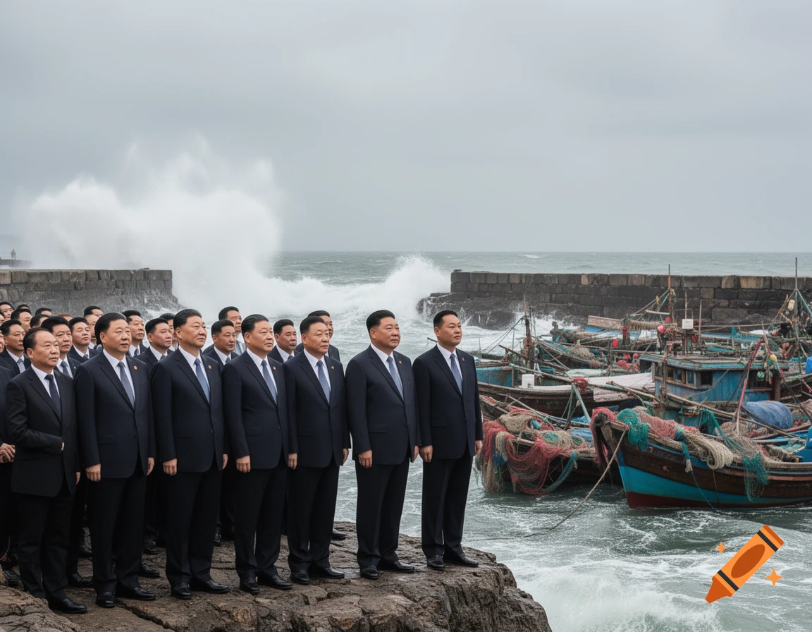 A group of formally dressed men stand on a rocky shore, looking towards a harbor with fishing boats and crashing waves under a cloudy sky.