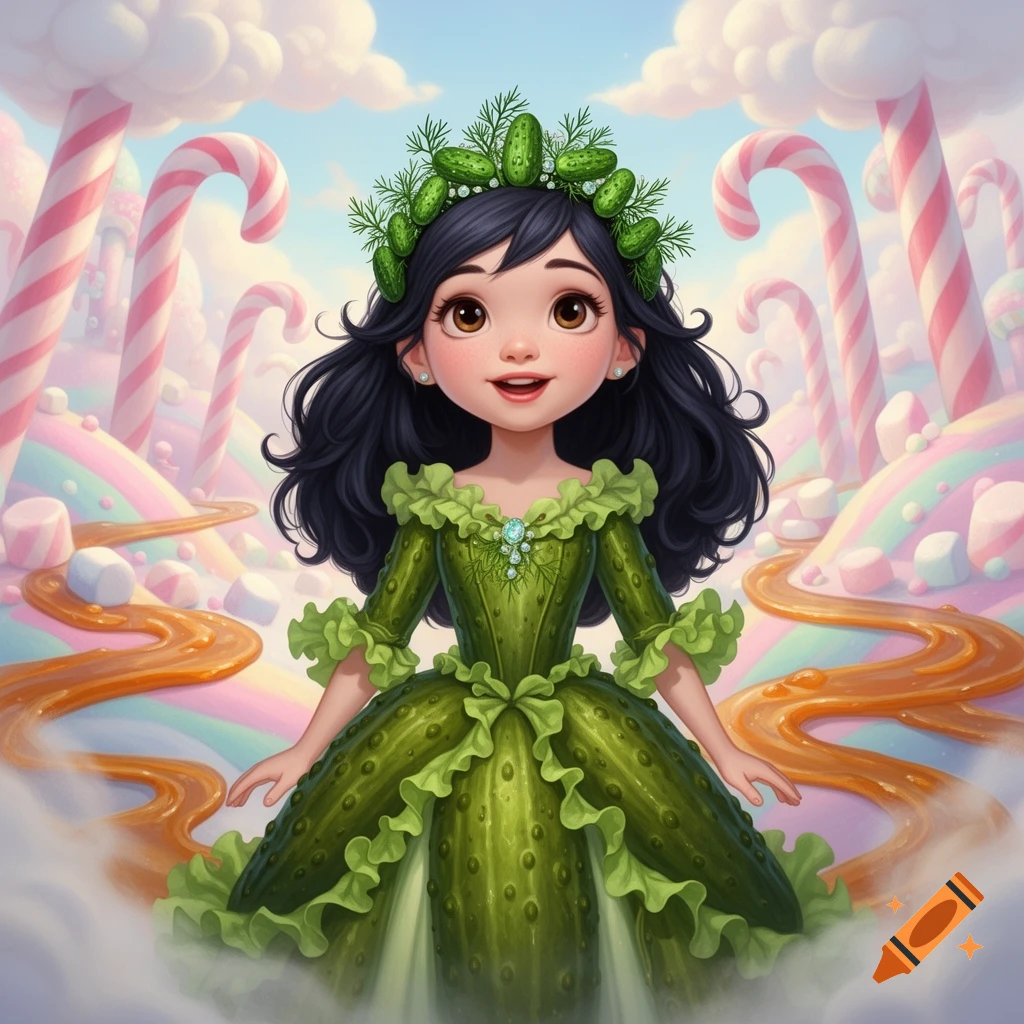 A dark-haired pickle-themed princess with a dill sprig tiara smiles in a whimsical candy land.
