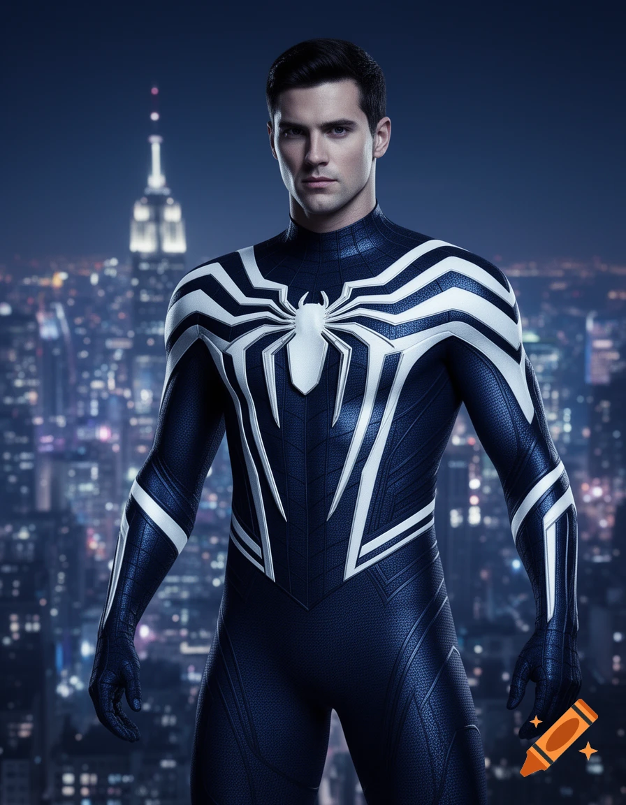 A man in a navy blue and white Spider-Man inspired suit stands against a blurry cityscape at night.