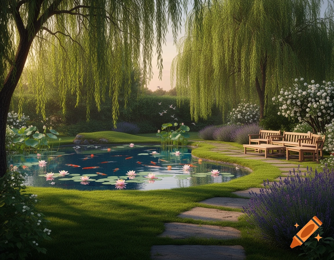 A serene garden with weeping willows, a pond with lilies and koi, a stone path, lavender, and wooden benches.