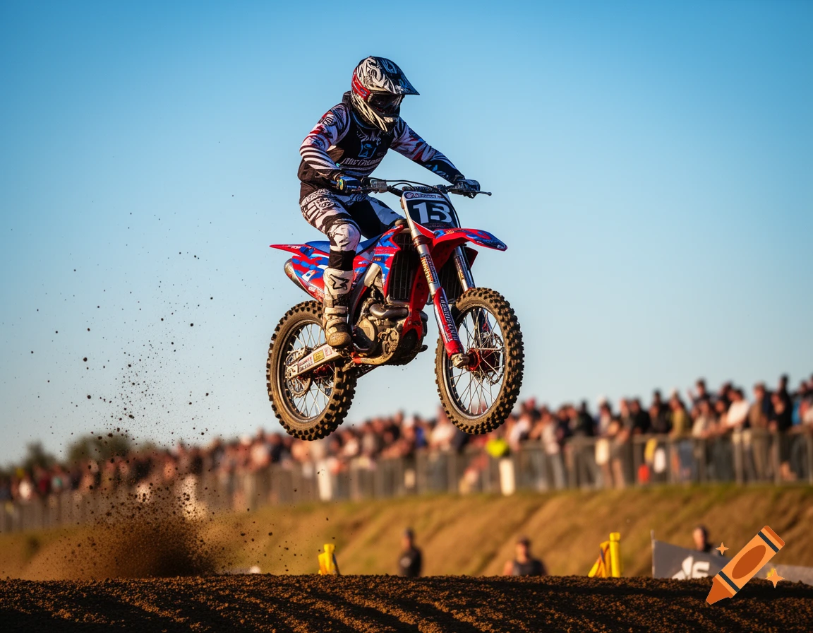 A motocross rider in a helmet and gear jumps high on a red and blue dirt bike, kicking up dirt, against a clear blue sky with spectators in the background.