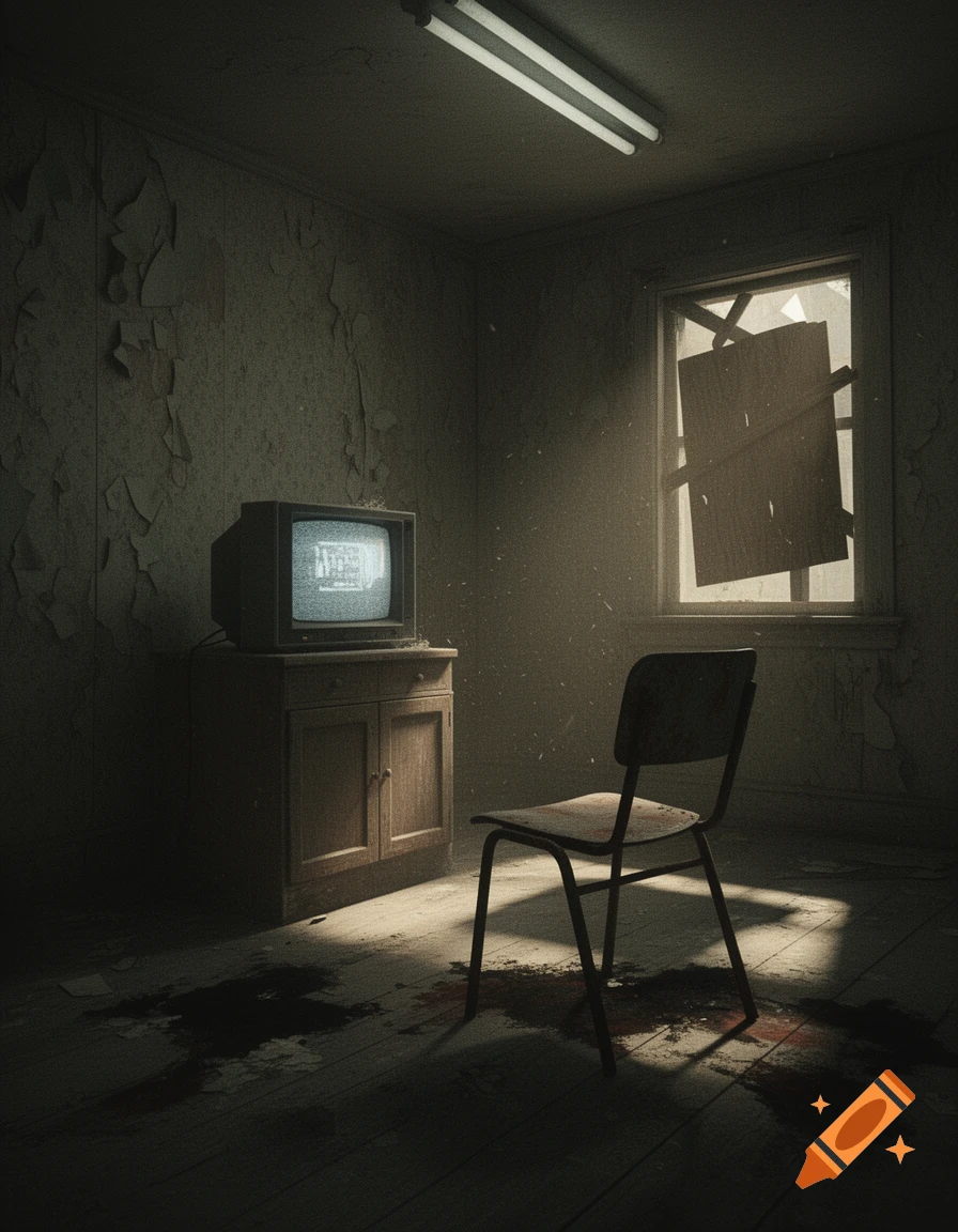 A dark, abandoned room with peeling paint, a broken window, a static-filled TV, and bloodstains on the floor, evoking an analog horror style.