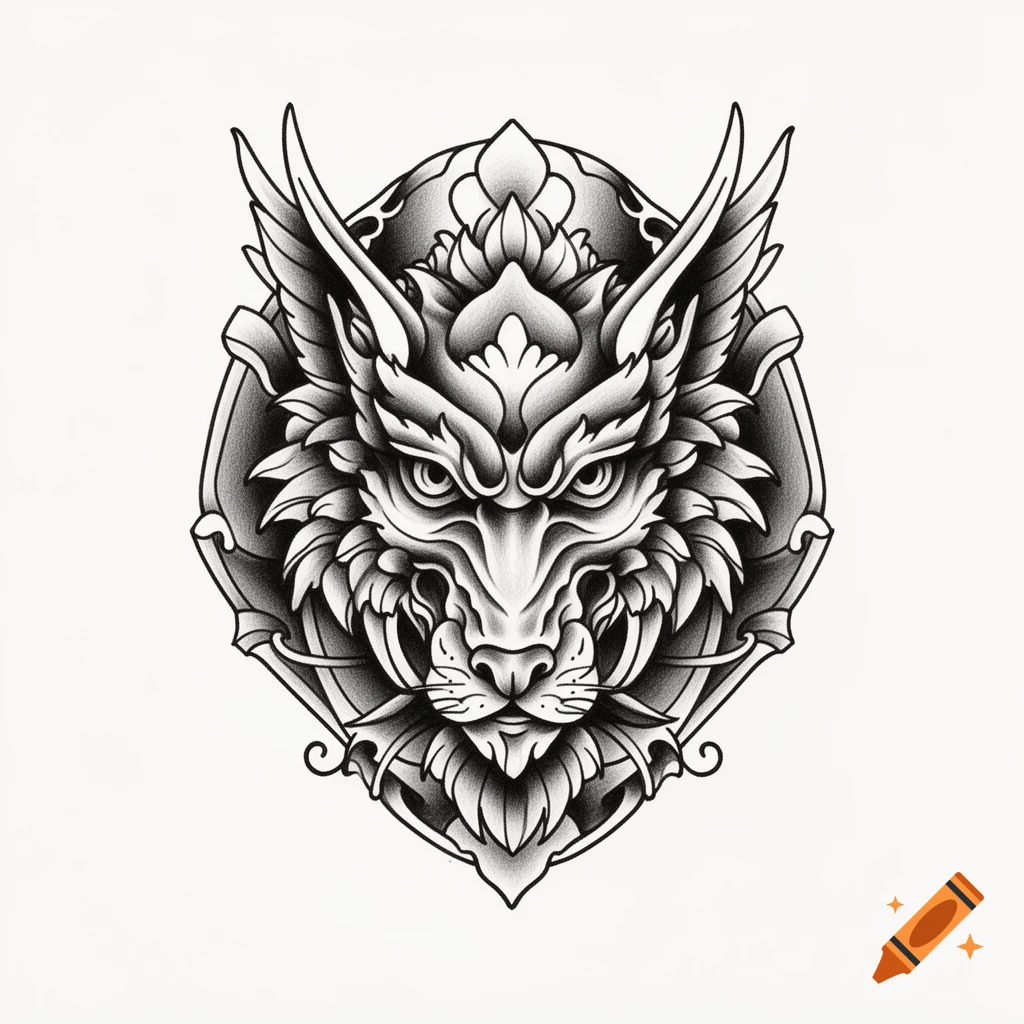 Black and white stylized fantasy creature head in professional tattoo flash style with intricate details.