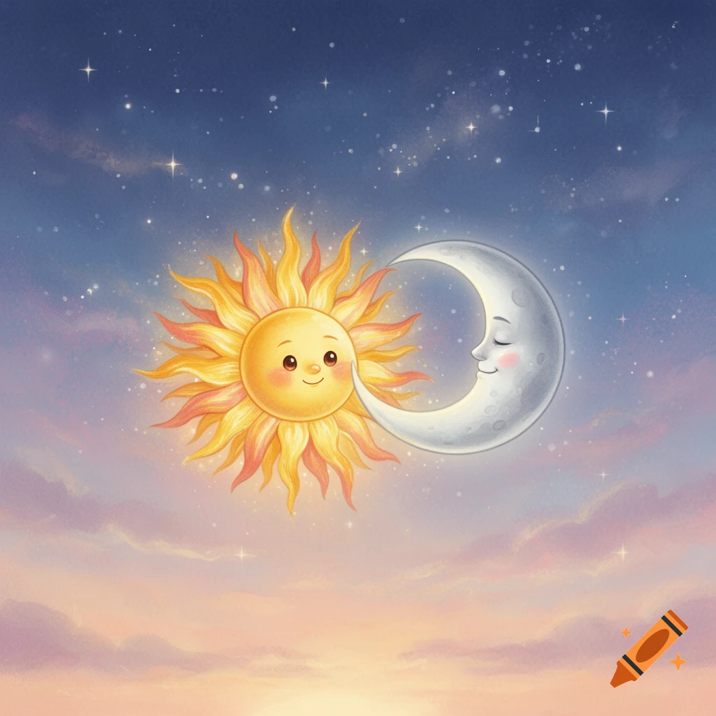 Cute cartoon sun and moon, cheek to cheek, in a starry twilight sky with soft clouds.