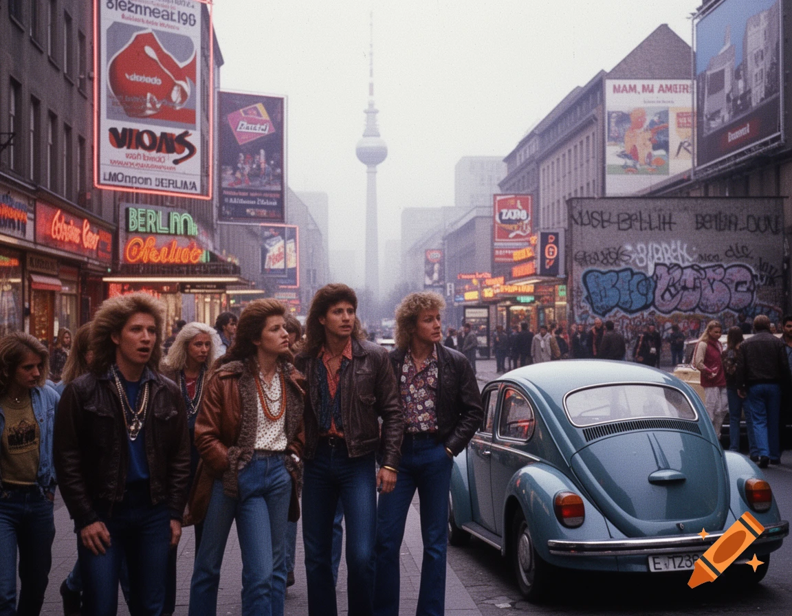 A street scene in 1980s Berlin, with people walking, a parked blue Volkswagen Beetle, and buildings with neon signs and graffiti. A TV tower is visible in the foggy background.