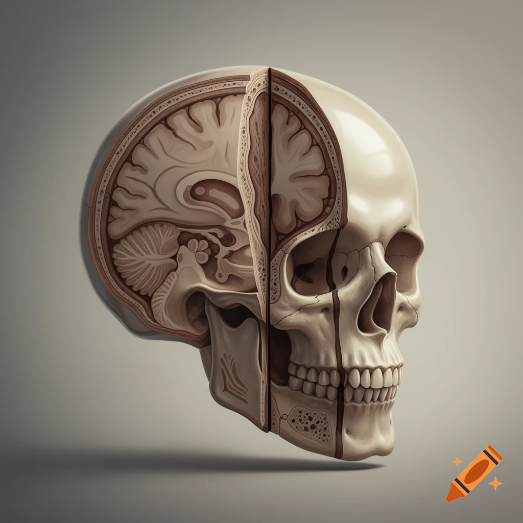 Stylized cross-section of a human skull and brain, viewed from a three-quarter angle against a gray background.