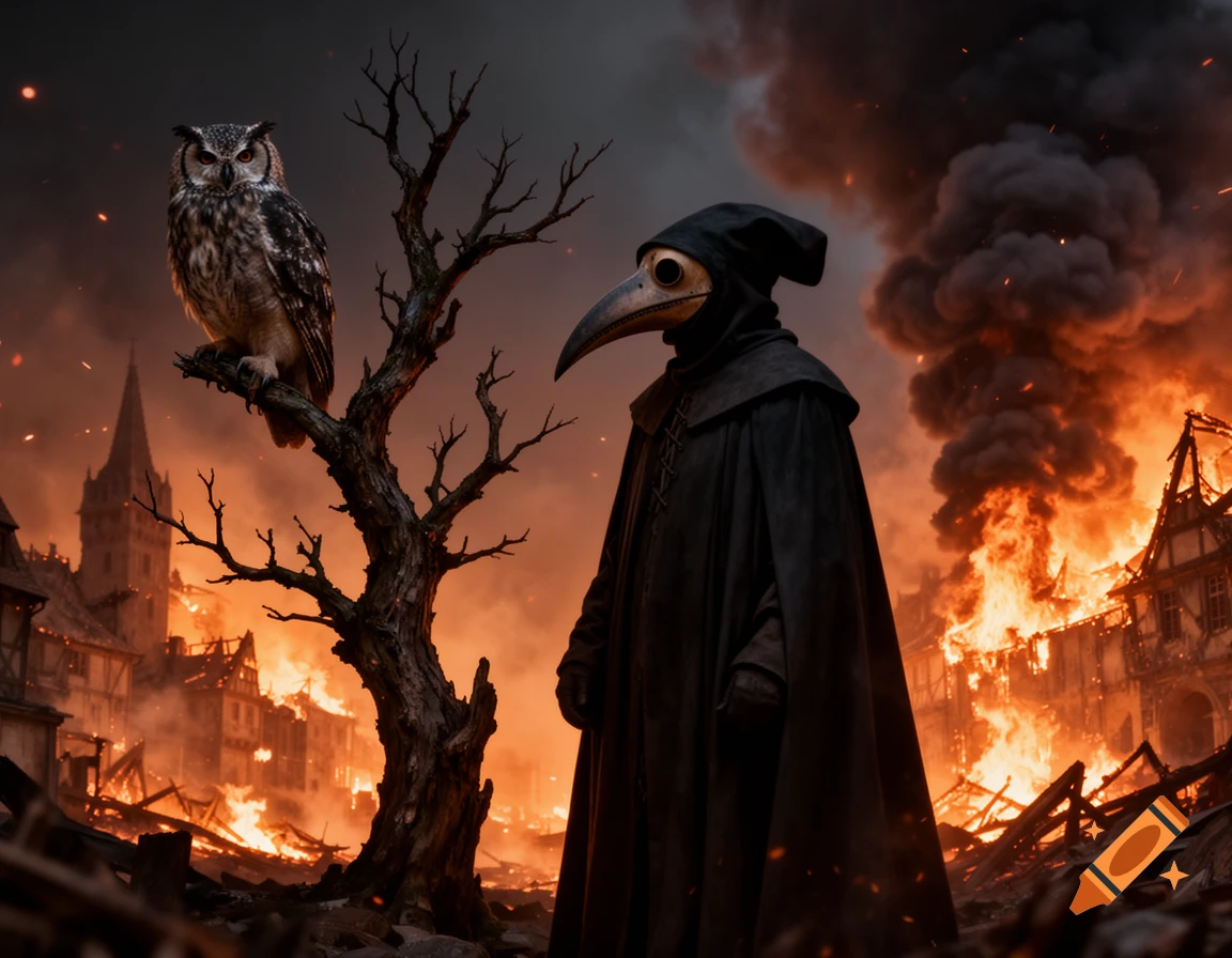 A plague doctor and an owl on a barren tree stand before a medieval city engulfed in flames.