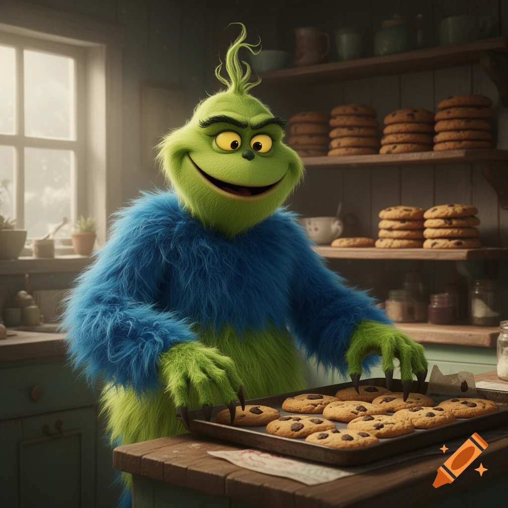 A green and blue fuzzy Grinch-Cookie Monster fusion character smiles in a kitchen, holding a tray of chocolate chip cookies.