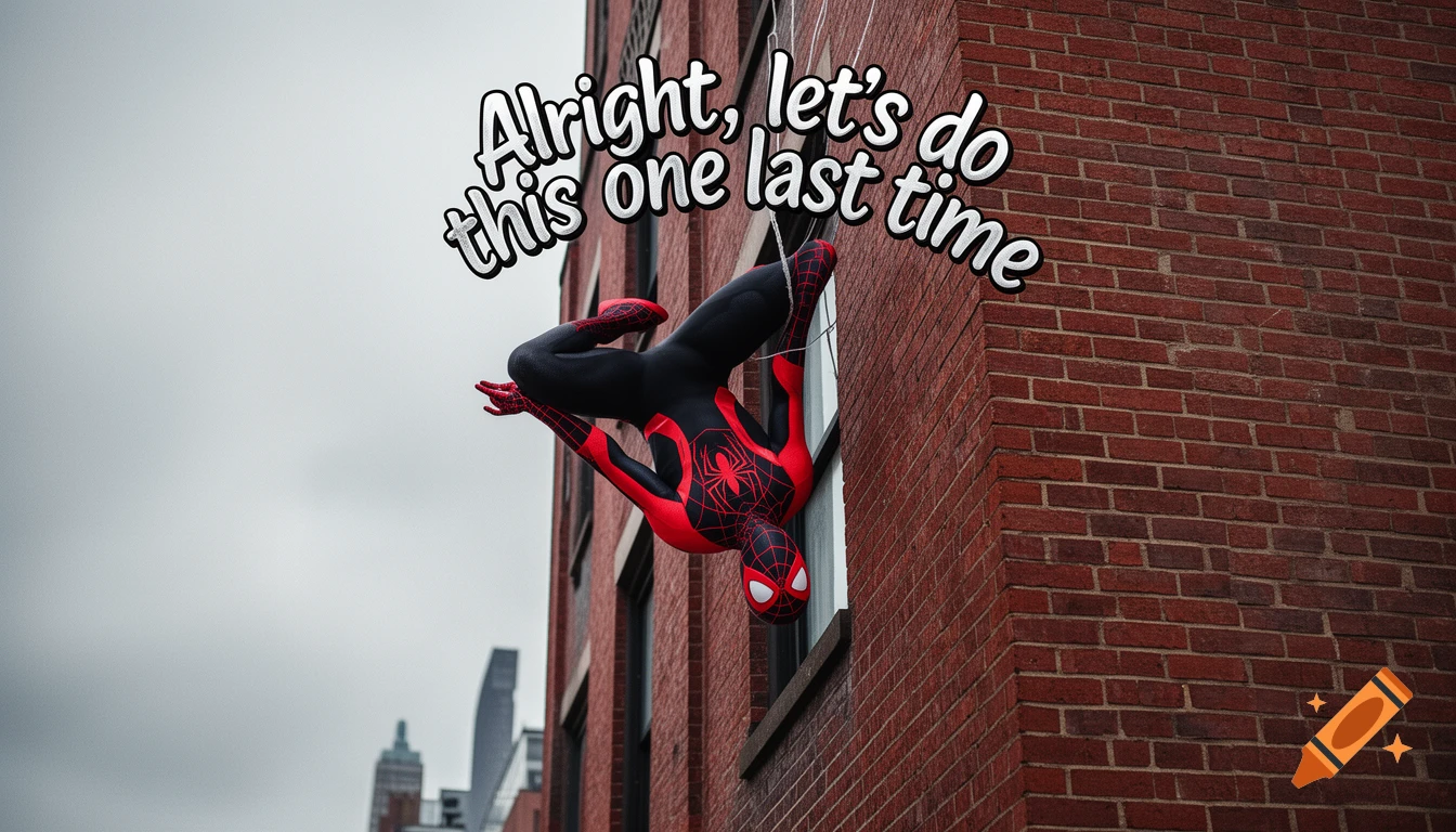Miles Morales Spider-Man hangs upside down on a brick building with the text 'Alright, let's do this one last time'.