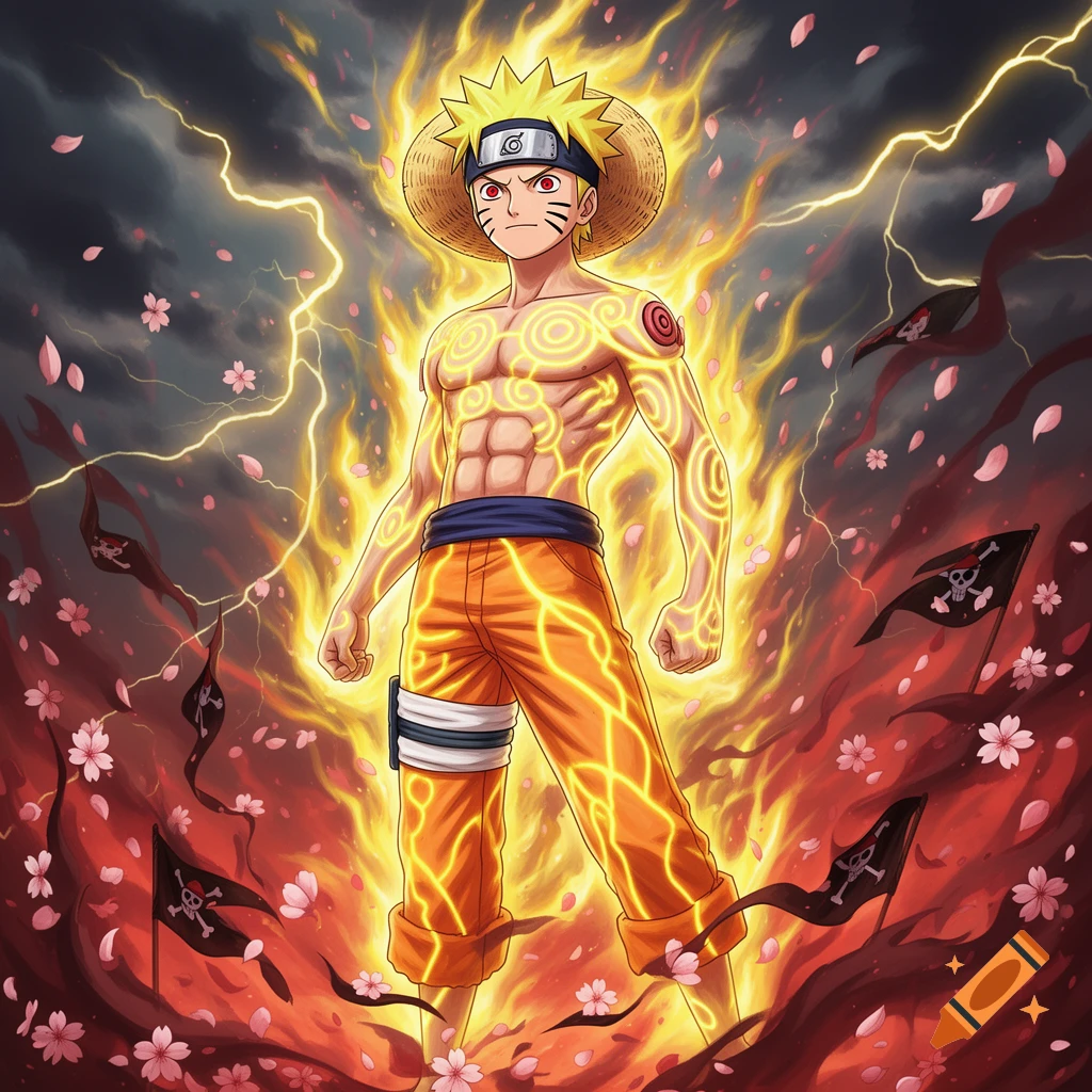 Anime character combining Naruto and Luffy's features, glowing with energy, wearing a straw hat, against a stormy sky with lightning, cherry blossoms, and pirate flags.