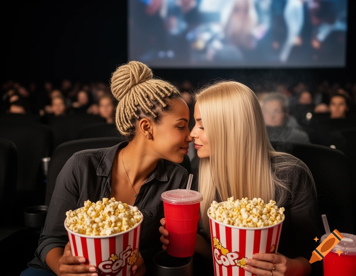 Two women, one with dreads and one with long blonde hair, share an affectionate moment in a movie theater with popcorn and drinks.