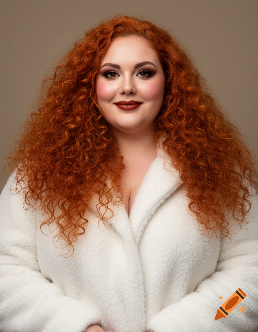 Photorealistic portrait of a plus-size woman with long curly ginger hair, bold makeup, and a white fuzzy jacket, smiling at the viewer.