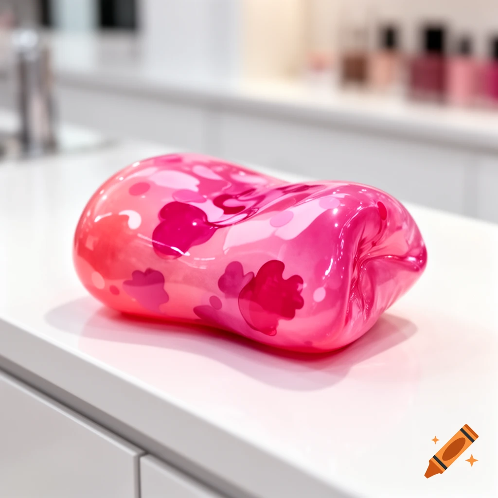 A shiny, translucent pink, blob-shaped object with a camouflage pattern in various shades of pink rests on a white counter.