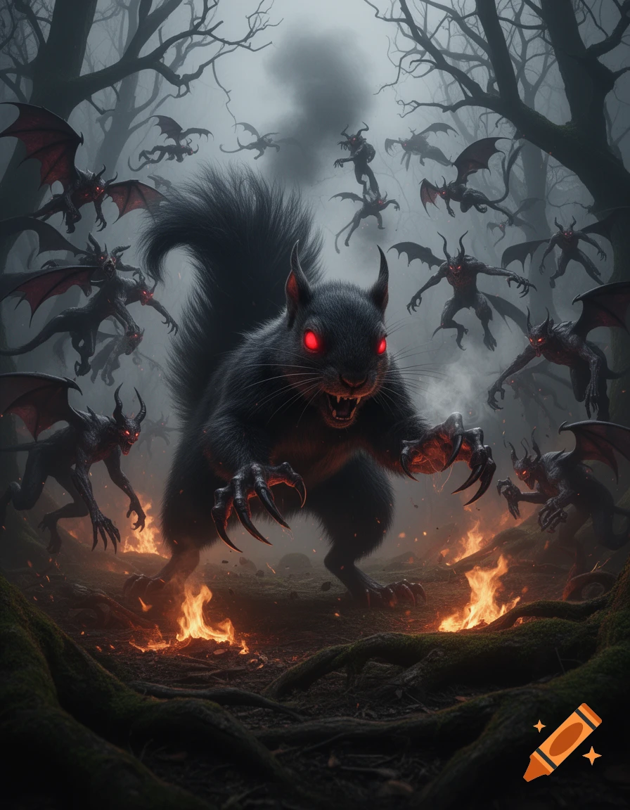 A menacing black squirrel with glowing red eyes and sharp claws stands among smaller winged demons in a dark, foggy forest with ground fires.