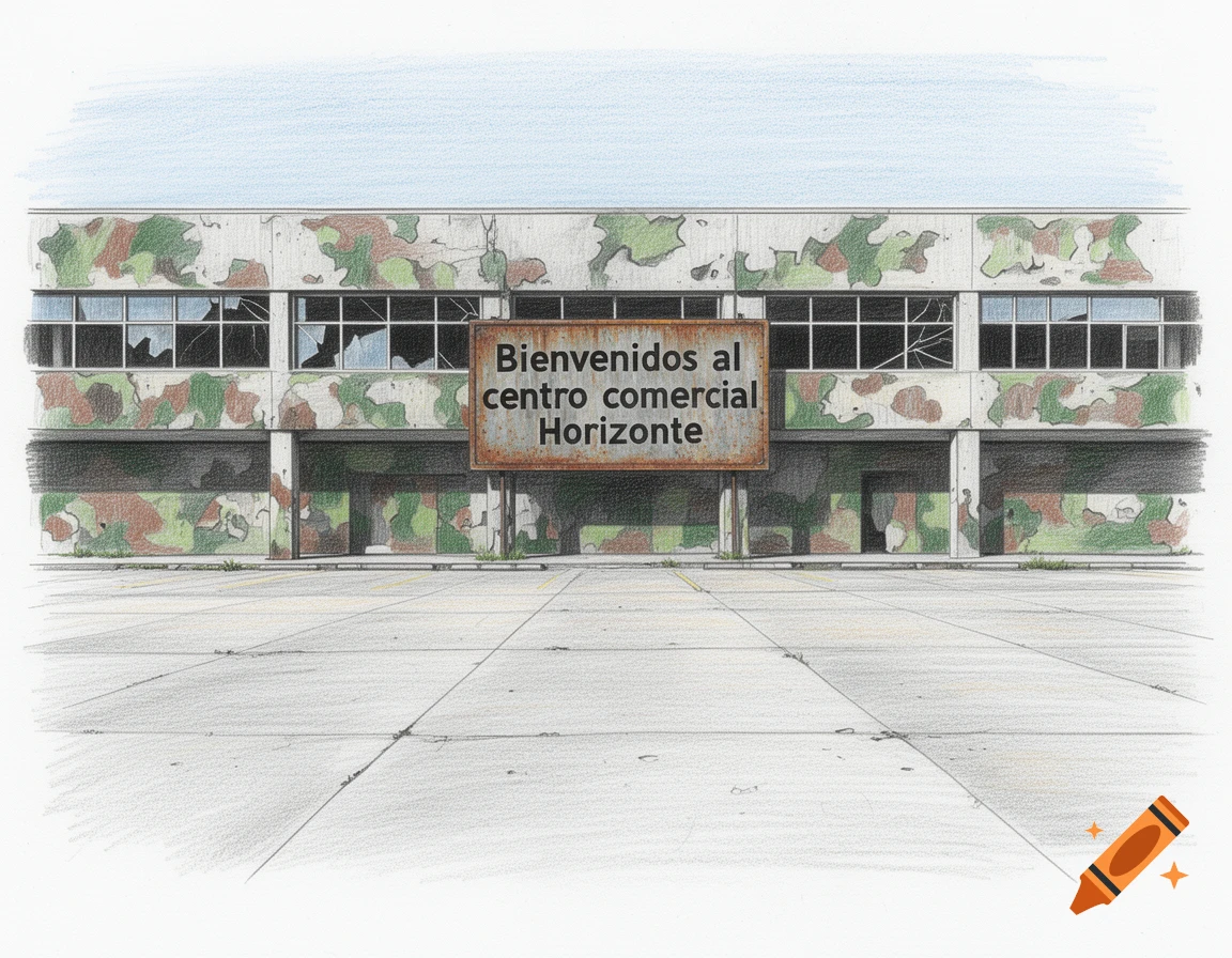 Colored pencil drawing of an abandoned, camouflage-painted commercial center with broken windows and a welcome sign.