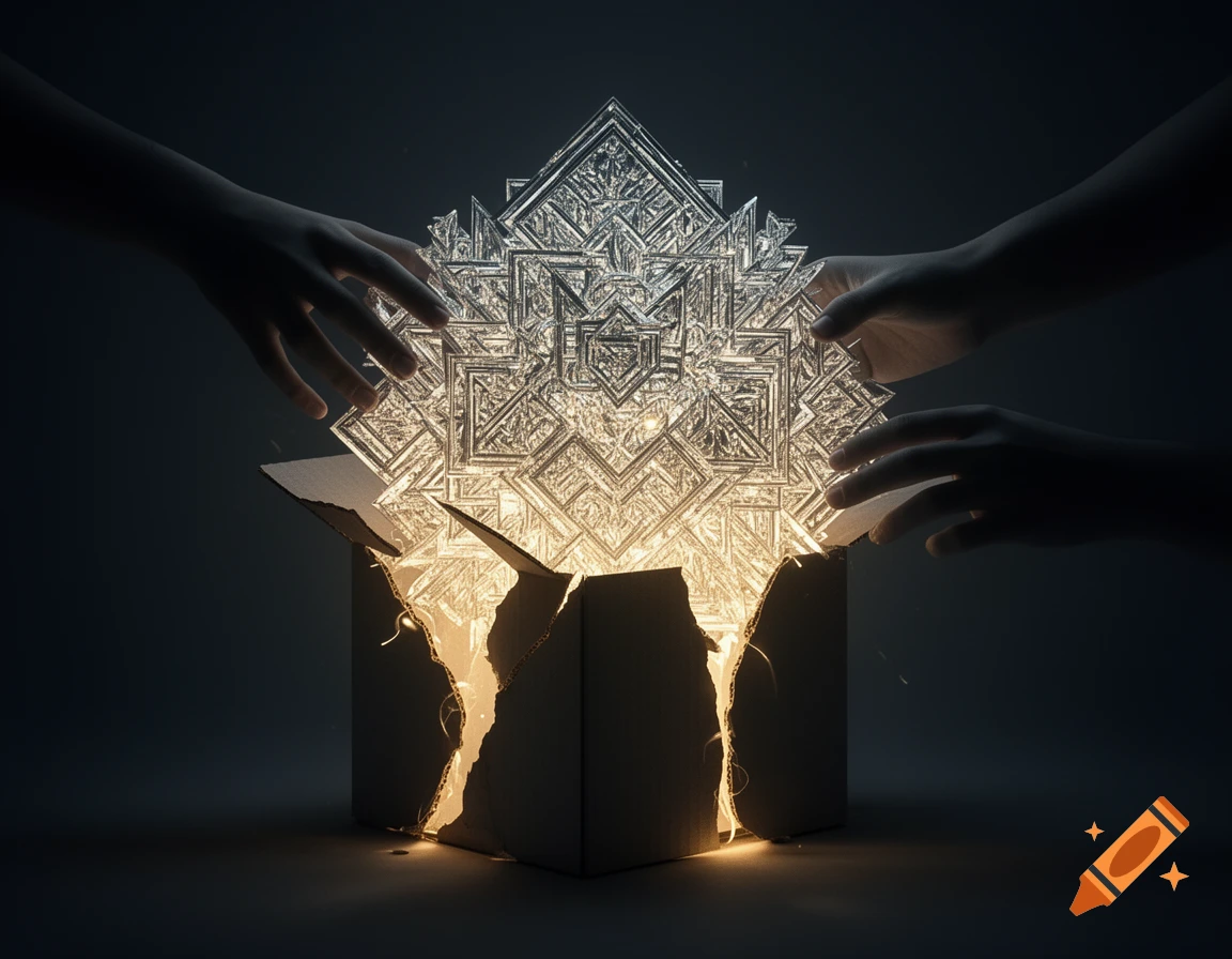 Shadowy hands push a glowing, intricate geometric shape into a tearing cardboard box, bursting with light, in a surreal, high-contrast digital art style.