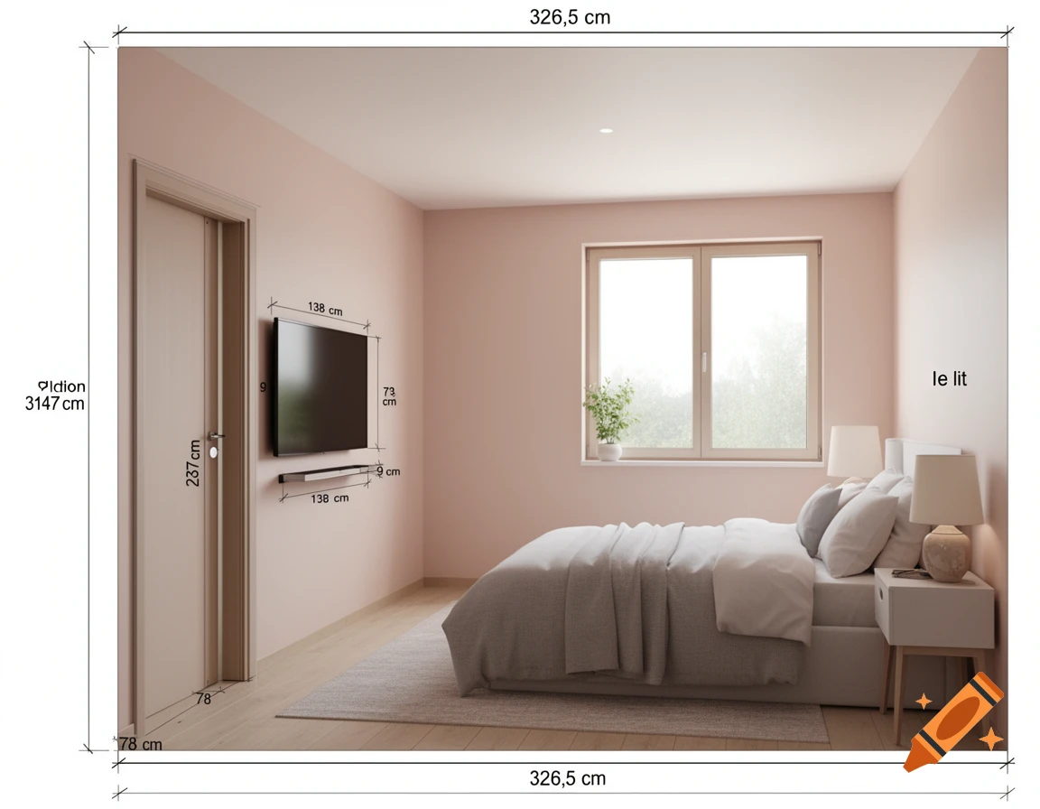 A bedroom with light pink walls, a bed, a window, a door, and a wall-mounted TV, all with architectural measurement markings and labels.