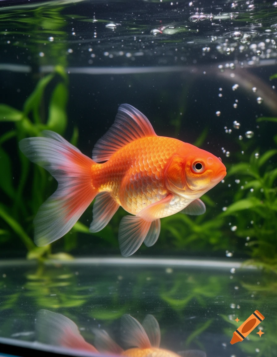 A vibrant orange goldfish with flowing fins swims in an aquarium with green plants and bubbles, reflecting on the water's surface.