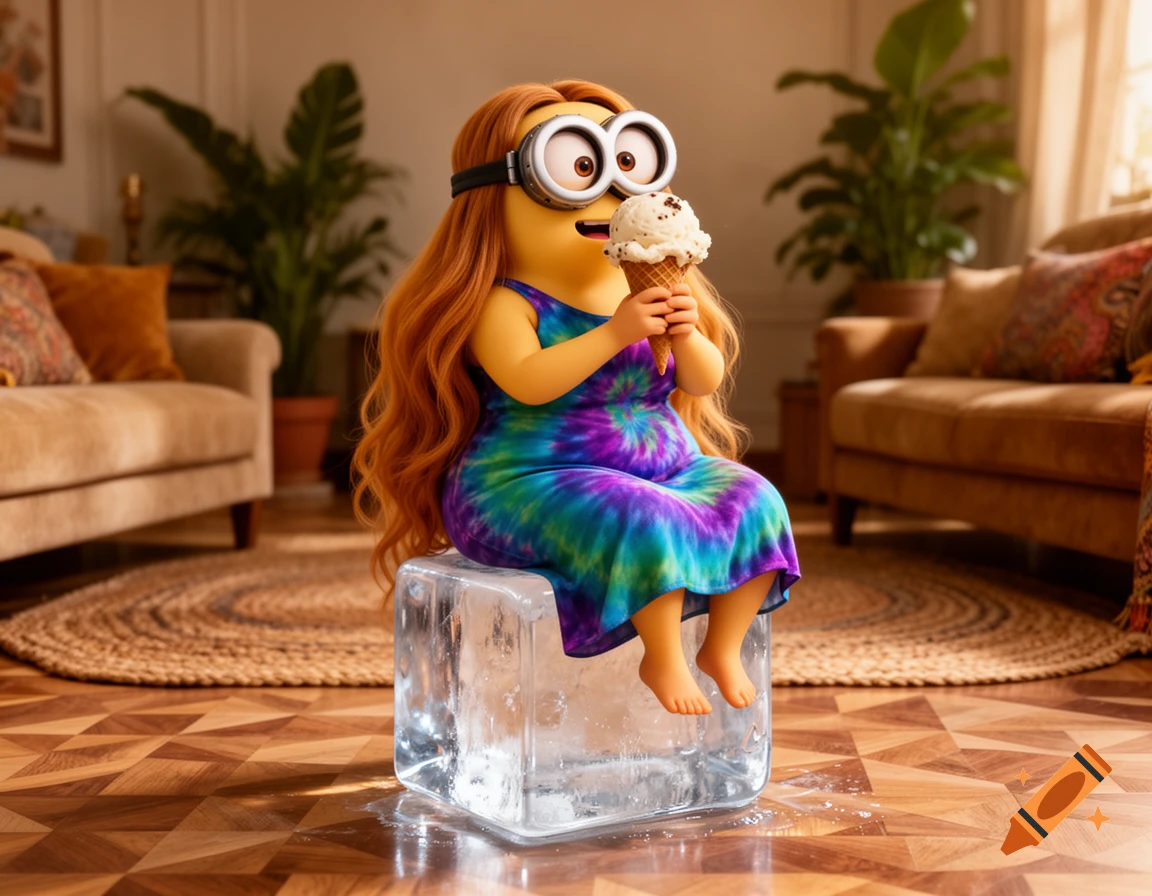 A female minion with long red hair and goggles, wearing a tie-dye dress, sits on a melting ice cube in a living room, eating an ice cream cone.